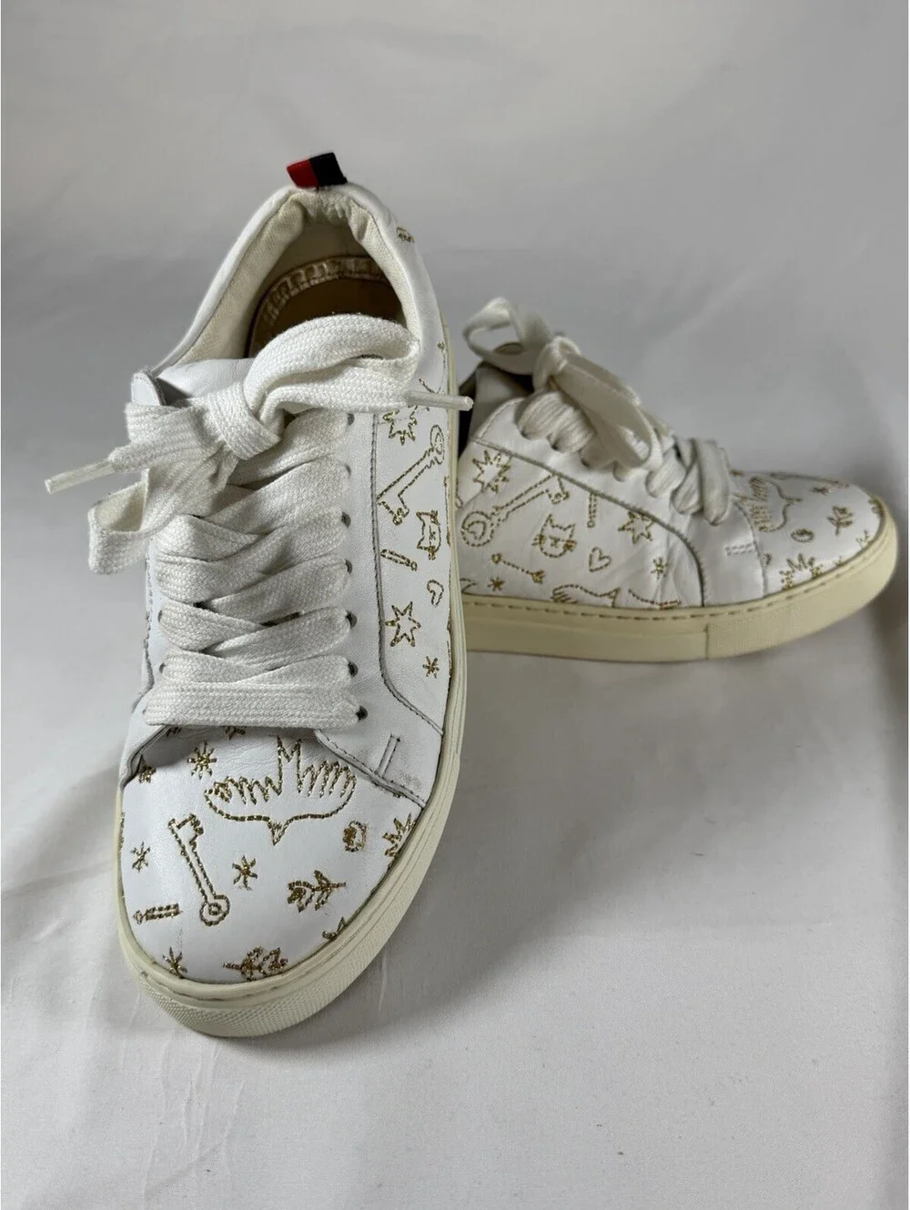Boden White Leather Sneakers with Gold Embroidered Doodle Motif 38